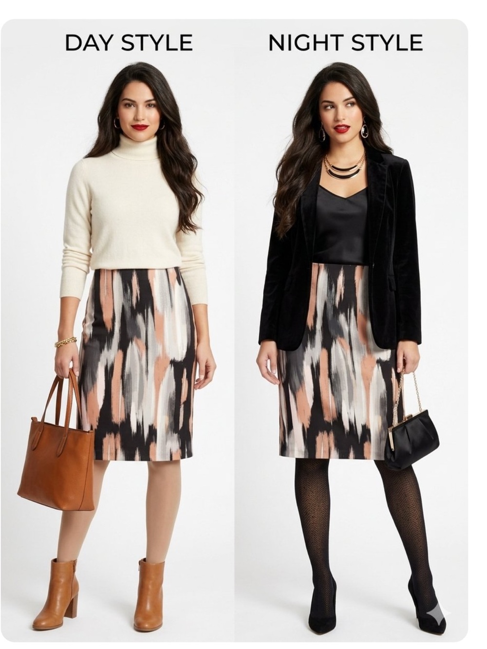 New York & Company Abstract Brushstroke Pencil Skirt in Black, Blush & Cream